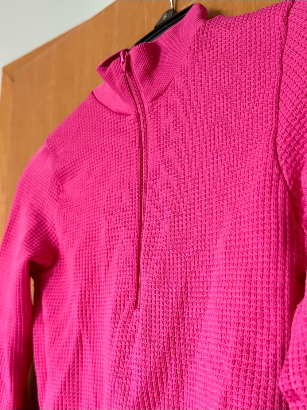 Women’s Half-Zip Stretchy Waffle Knit Cropped Athletic Sweater - Hot Pink - Picture 3 of 5